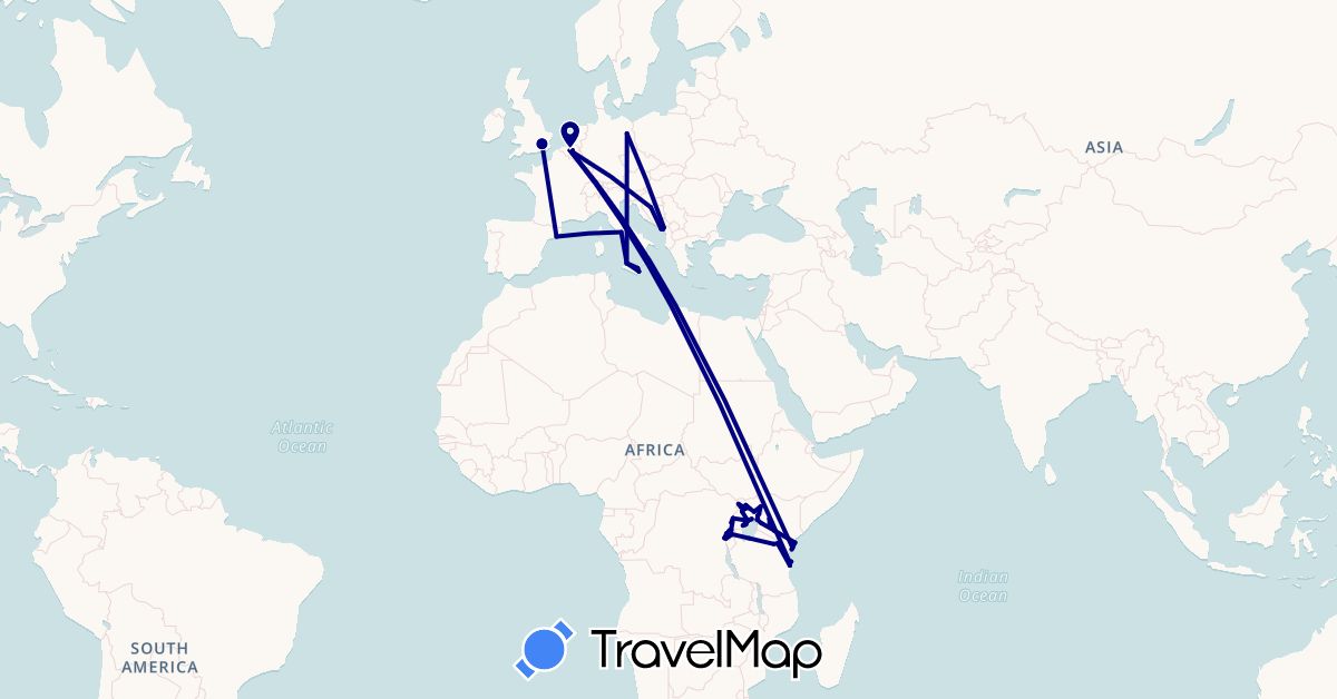 TravelMap itinerary: driving in Bosnia and Herzegovina, Belgium, Germany, Spain, United Kingdom, Italy, Kenya, Montenegro, Rwanda, Tanzania, Uganda (Africa, Europe)